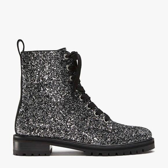 Kate Spade Jemma Silver Glitter Leather Combat Boots Women's 6.5 NEW - Picture 2 of 13